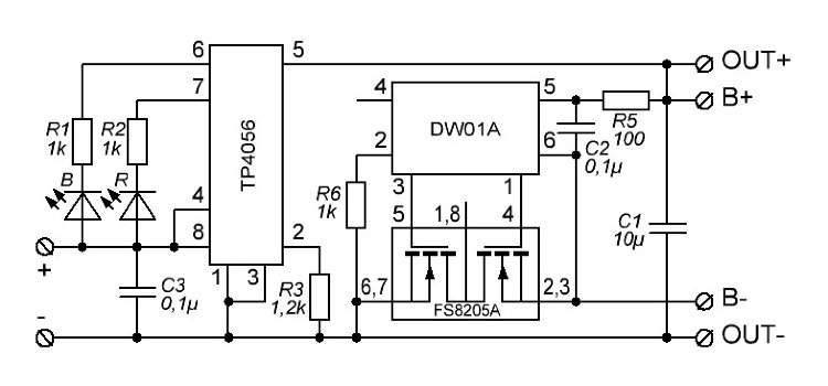 Универсальная плата-зарядка-защита TP4056 для Li-Ion аккумуляторов, 1A