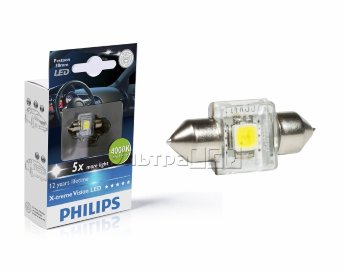 Лампа светодиодная освещения салона T10x31 Philips 12941 (white) Применяемость: салонное освещение Световой поток: 45 ЛюменЦвет свечения: белый Тип лампы (код): C5W (6438) 31мм.