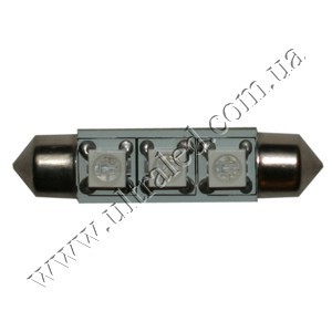 Лампа светодиодная освещения салона T10x41 3 SMD (yellow) Применяемость: салонное освещение Световой поток: 12 Люмен Цвет свечения: белый Тип цоколя : фистон 41мм.
