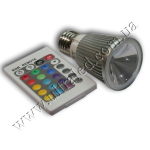 Лампа светодиодная E27-5W-90 (RGB) Применяемость: внутреннее освещение													Световой поток: 150 Люмен													Цвет свечения: RGB (многоцветная)													Тип цоколя : Е27																		Изменяет свой цвет свечения и яркость. Управление пультом ДУ.