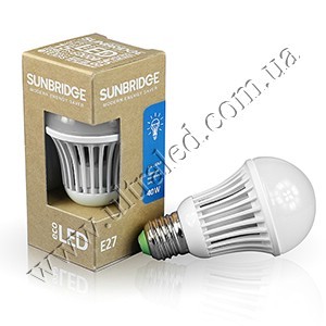 Лампа светодиодная SUNBRIDGE E27-TGS60 4W Применяемость: внутреннее освещение Световой поток: 400 Люмен Цвет свечения: белый Тип лампы (код): Е27  Заменяет  -лампу накаливания мощностью 40 ватт;  -энергосберегающую лампу мощностью 9 ватт;