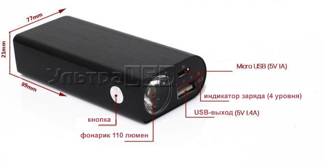 USB мобильное зарядное устройство 18650 1.4A с мощным фонариком, алюминиевый корпус, до 2 аккумуляторов (павербанк)