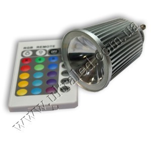 Лампа светодиодная GU10-5W (RGB) Применяемость: внутреннее освещение													Световой поток: 150 Люмен													Цвет свечения: RGB (многоцветная)													Тип цоколя : GU10 Изменяет свой цвет свечения и яркость. Управление пультом ДУ.    						