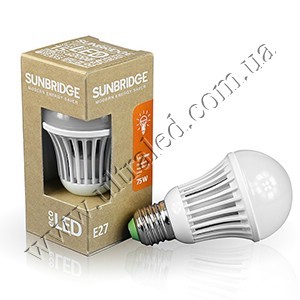 Лампа светодиодная SUNBRIDGE E27-TGS60 7WW Применяемость: внутреннее освещение Световой поток: 595 Люмен Цвет свечения: белый теплый Тип лампы (код): Е27  Заменяет  -лампу накаливания мощностью 75 ватт;  -энергосберегающую лампу мощностью 20 ватт;